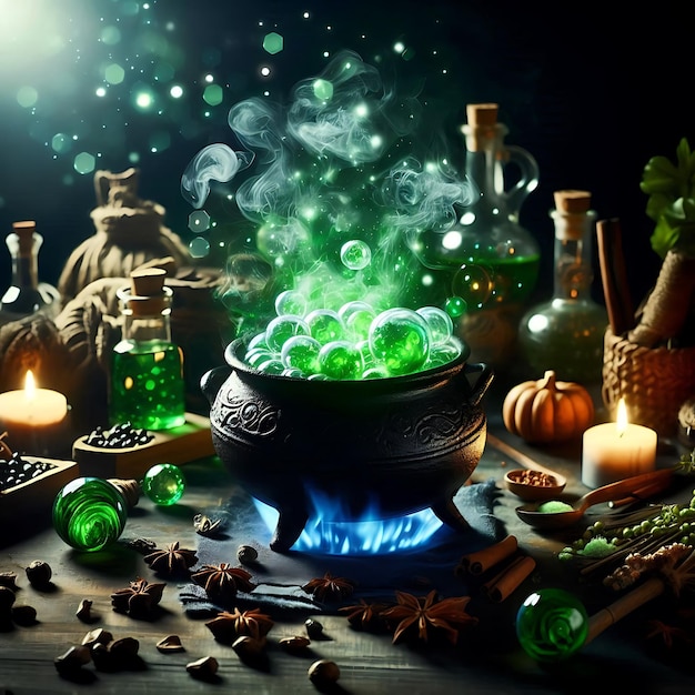 Photo a table with a pot of green olives and a fire pit