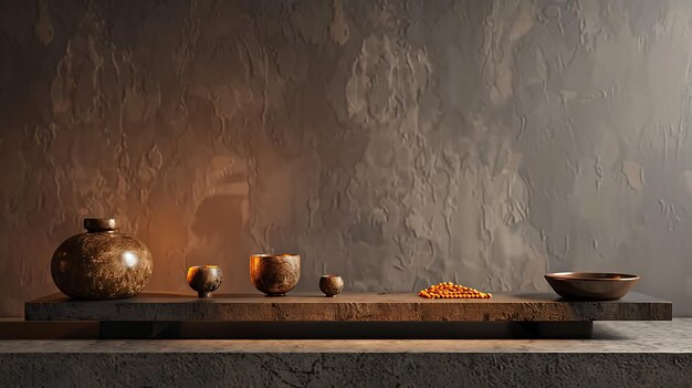 a table with pots and bowls on it and a wall behind them