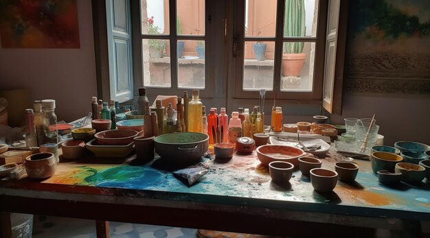 A table with pots and bowls of paint and a vase of paint.