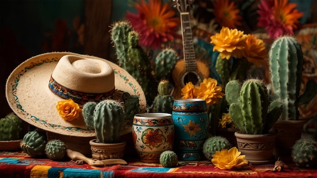 a table with pots and cactus and flowers and a guitar