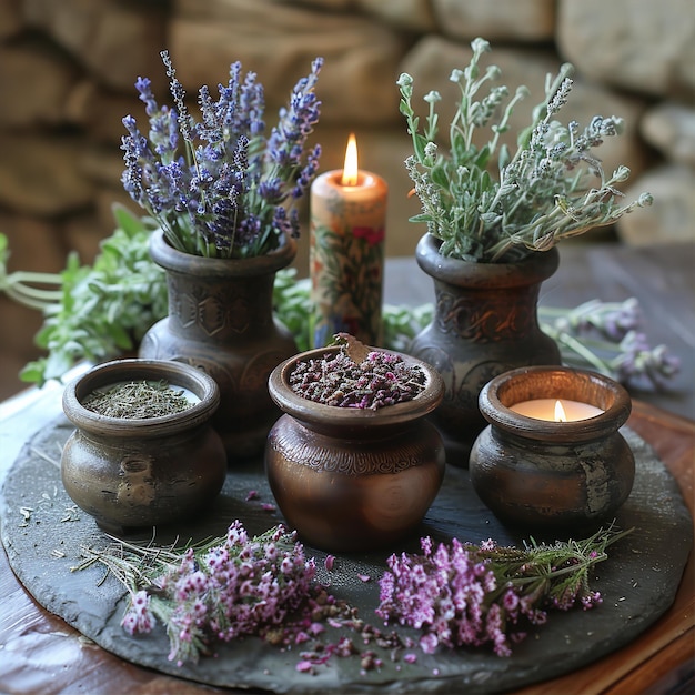 a table with pots and candles and a candle on it