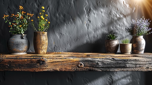 Photo a table with pots of flowers and a wallpaper