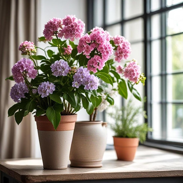 a table with pots of flowers and a window behind them