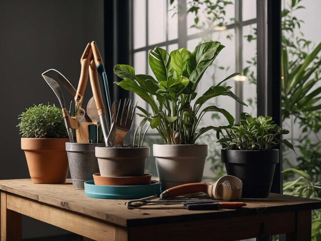 Photo a table with pots and plants on it and a window behind them