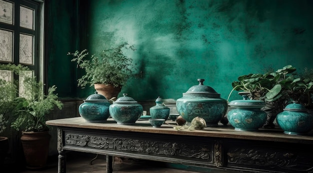 A table with pots and plants on it