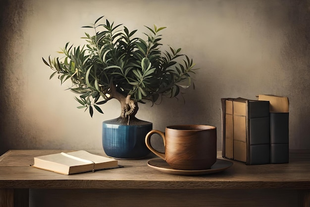 A table with a potted plant and a book on it