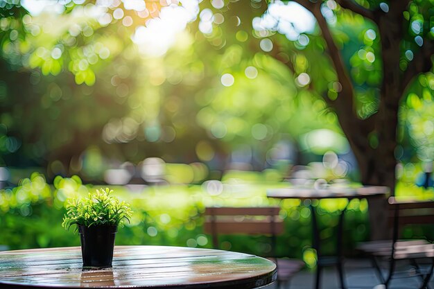 A table with a potted plant on it in a park setting