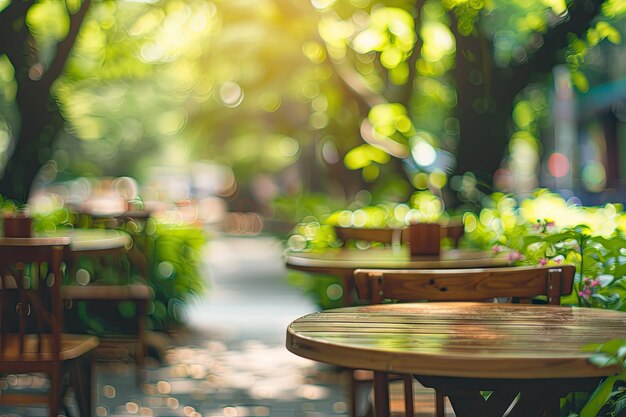 A table with a potted plant on it in a park setting