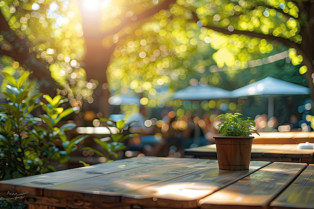 A table with a potted plant on it in a park setting