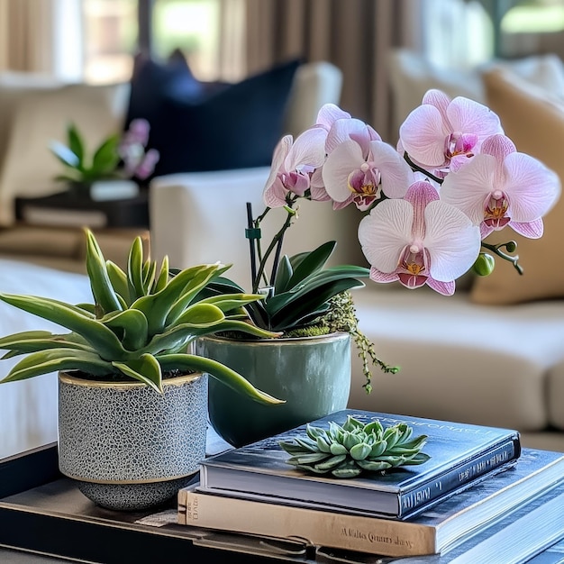 Photo a table with a potted plant and a pot of orchids