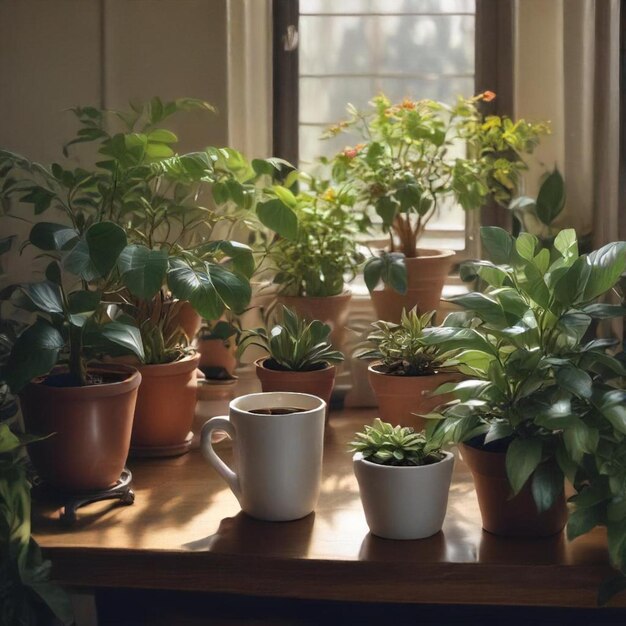 Photo a table with potted plants and a cup of coffee on it