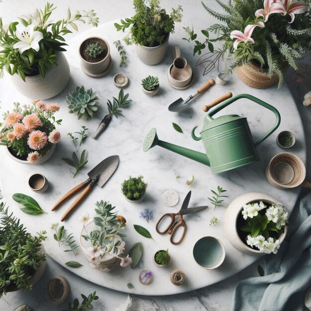 Photo a table with potted plants and flowers on it