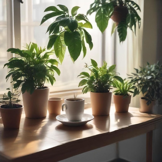 a table with potted plants on it and a cup on it