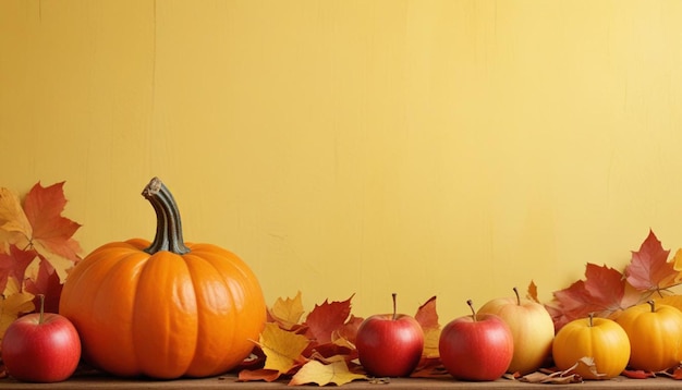 Photo a table with a pumpkin apples and a pumpkin