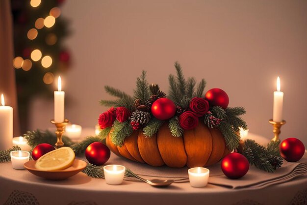 a table with a pumpkin a candle a candle and a candle