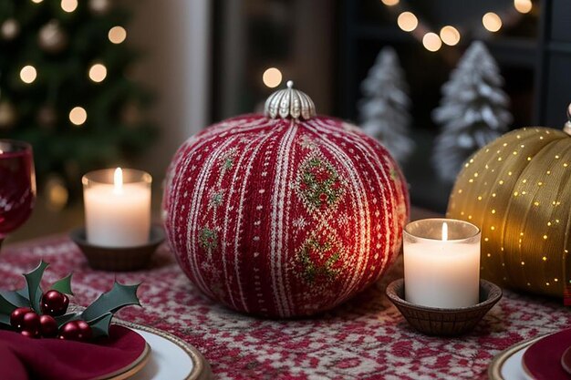 a table with a pumpkin and a candle on it