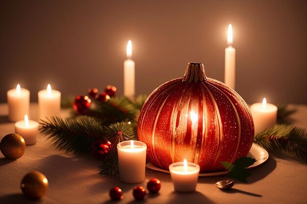 a table with a pumpkin and candles and a candle that says quot gourmet quot