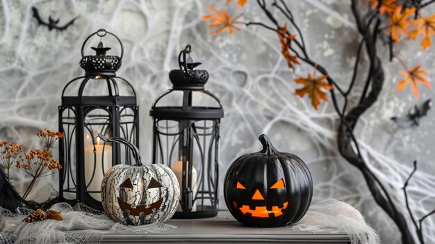 Photo a table with a pumpkin and a lantern on it