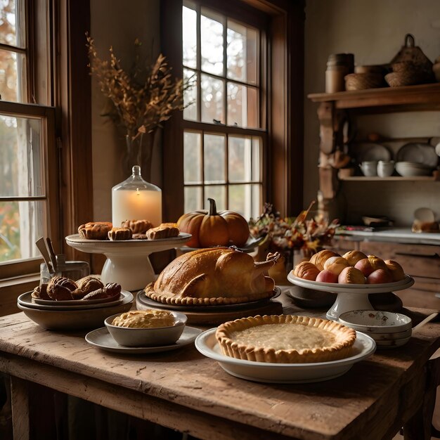 Photo a table with a pumpkin pie and pumpkin pie on it