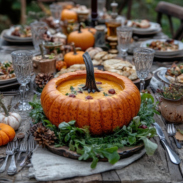 a table with a pumpkin and a plate of food on it