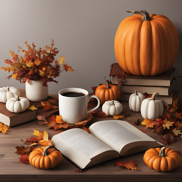 Photo a table with pumpkins books and a book on it