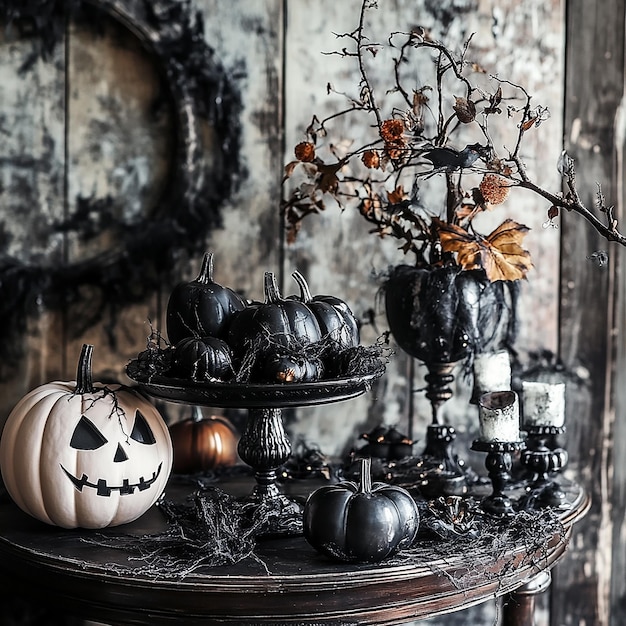 Photo a table with pumpkins and candles on it