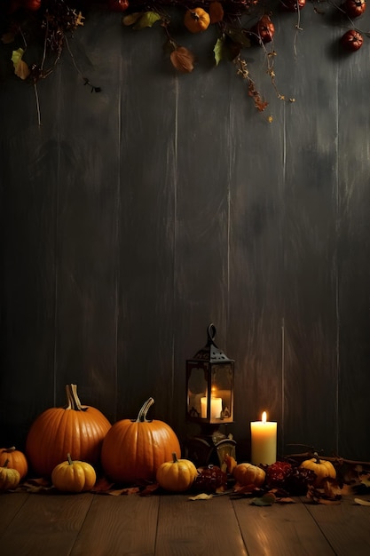 A table with pumpkins and candles on it