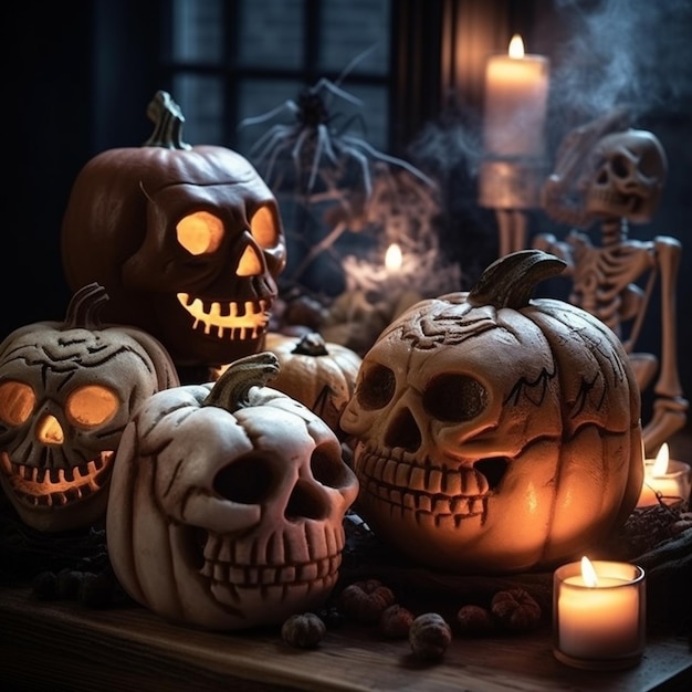 A table with pumpkins and candles with the word halloween on it