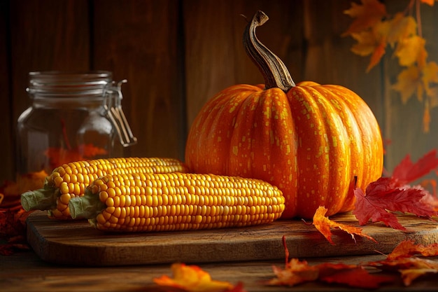 a table with pumpkins and corn on it and a jar of water and corn on it