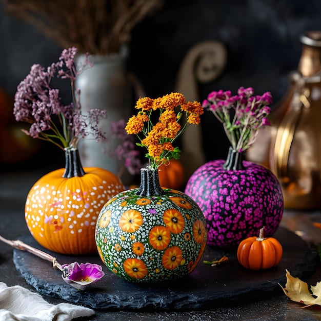 Photo a table with pumpkins and flowers on it and a bottle of wine