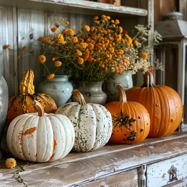 Photo a table with pumpkins and flowers on it