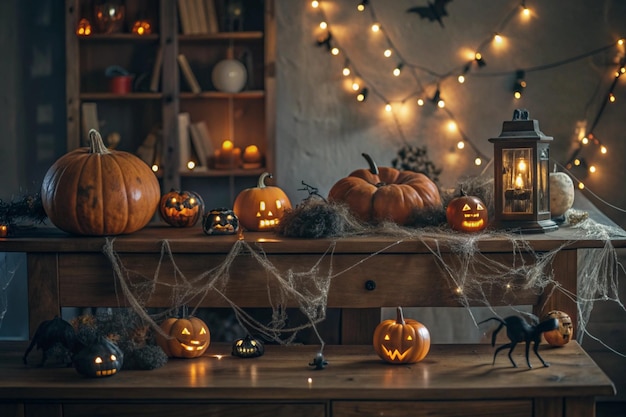 a table with pumpkins and a lantern on it