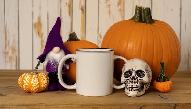 a table with pumpkins a mug a mug and a pumpkin and a mug