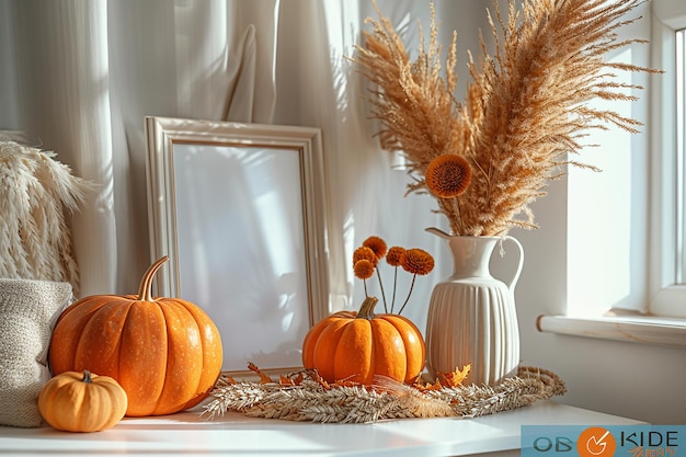 Photo a table with pumpkins and a picture of a pumpkin and a picture of a pumpkin