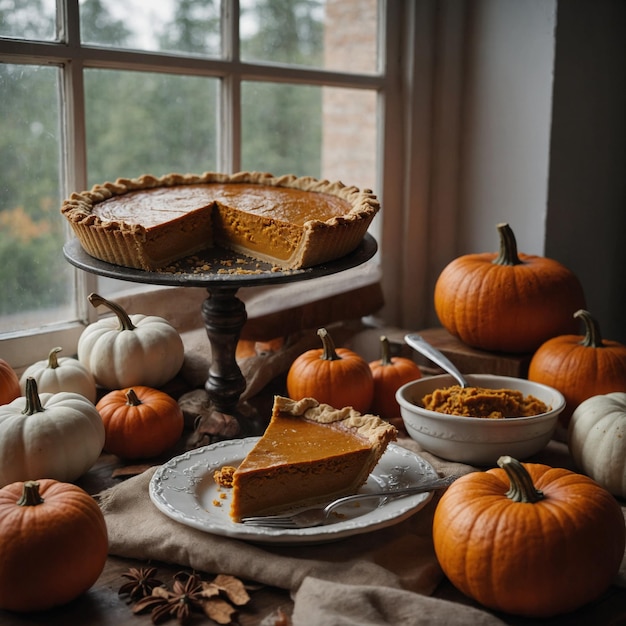 Photo a table with pumpkins pies and pies on it