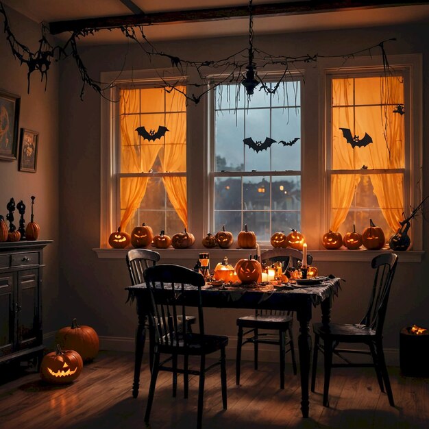 a table with pumpkins and pumpkins on it