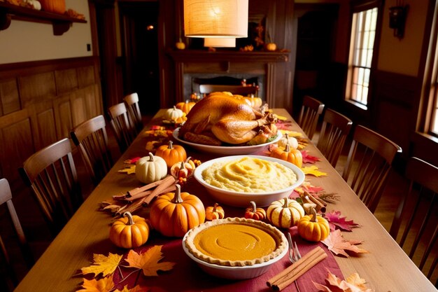 Photo a table with pumpkins and pumpkins on it