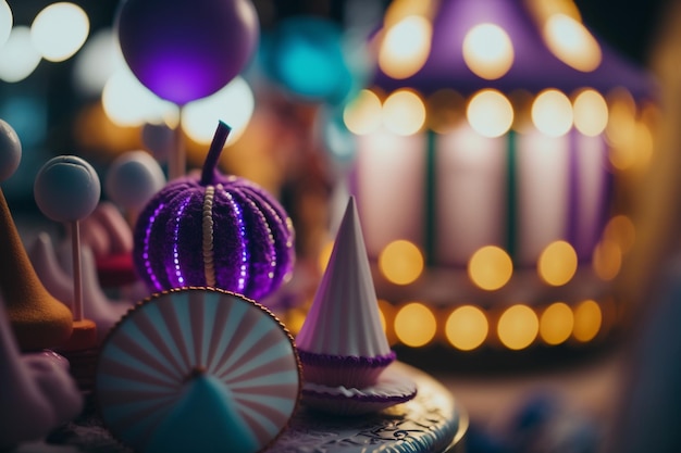 A table with a purple ball and a purple ball on it