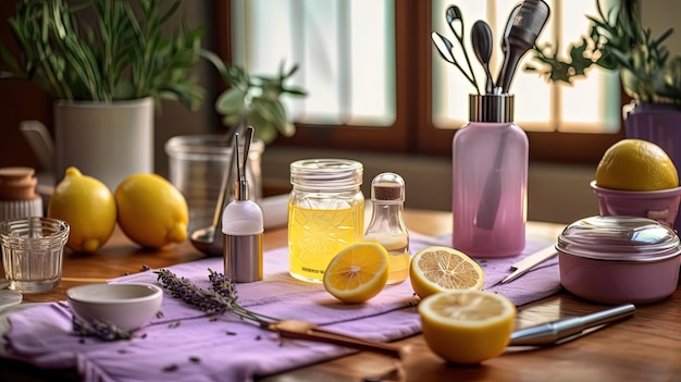 A table with a purple table cloth, lemons, salt and pepper shakers, and a bottle of lemon juice.