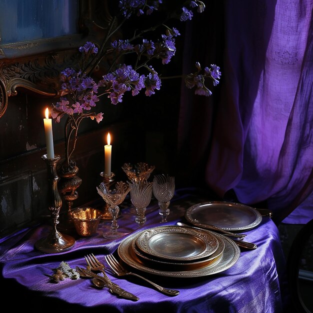 Photo a table with a purple tablecloth and silverware on it