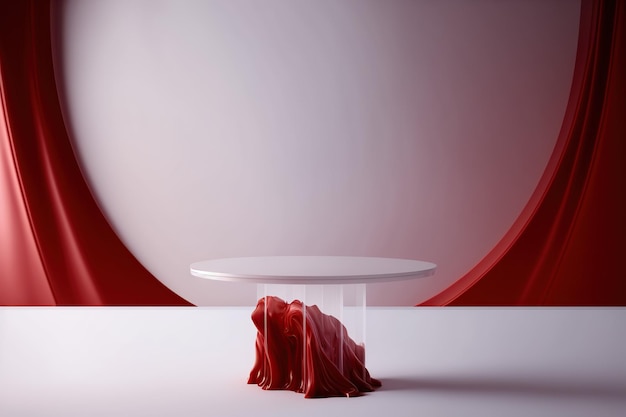 A table with a red cloth on it and a red background.