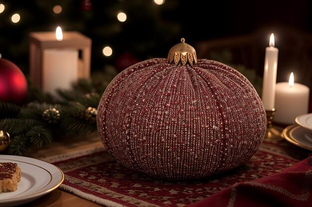 a table with a red and gold christmas decoration on it