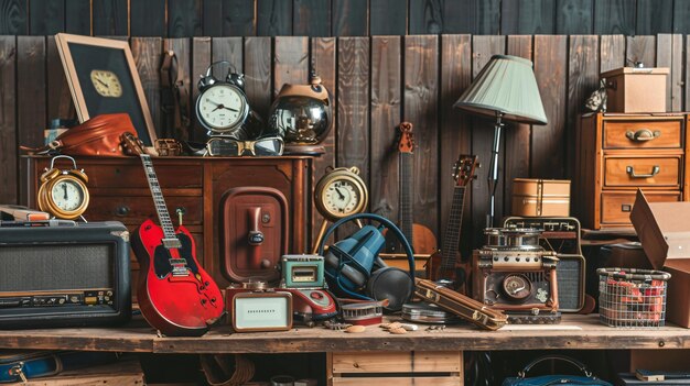 Photo a table with a red guitar and a clock on it