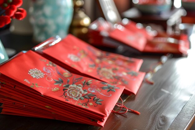 Photo a table with red napkins and a red napkin with a flower on it