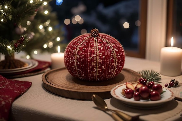 a table with a red pom pom pom pom on it