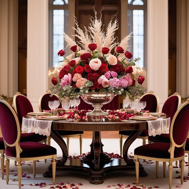 a table with red and white chairs and a flower arrangement