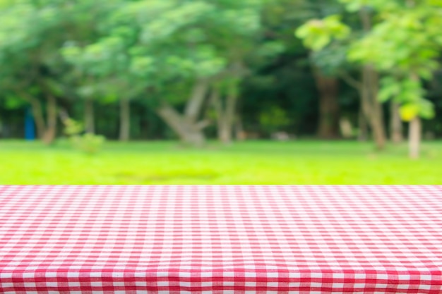 A table with a red and white checkered tablecloth in front of a green field.