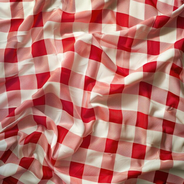 Table with red and white checkered tablecloth at picnic