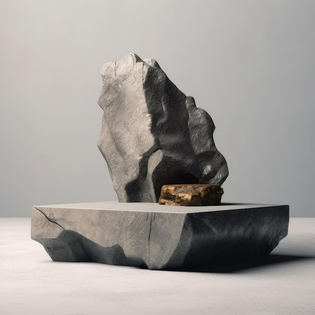 A table with a rock on it and a large rock on the top.