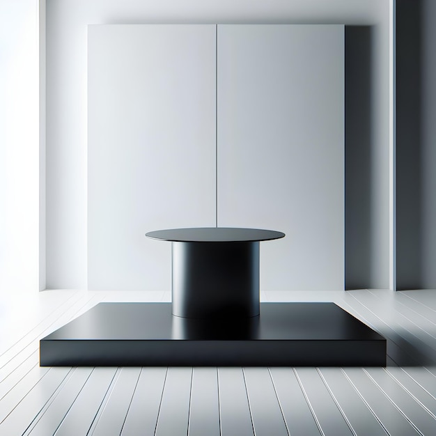 a table with a round top sits in a room with a white wall behind it for product display